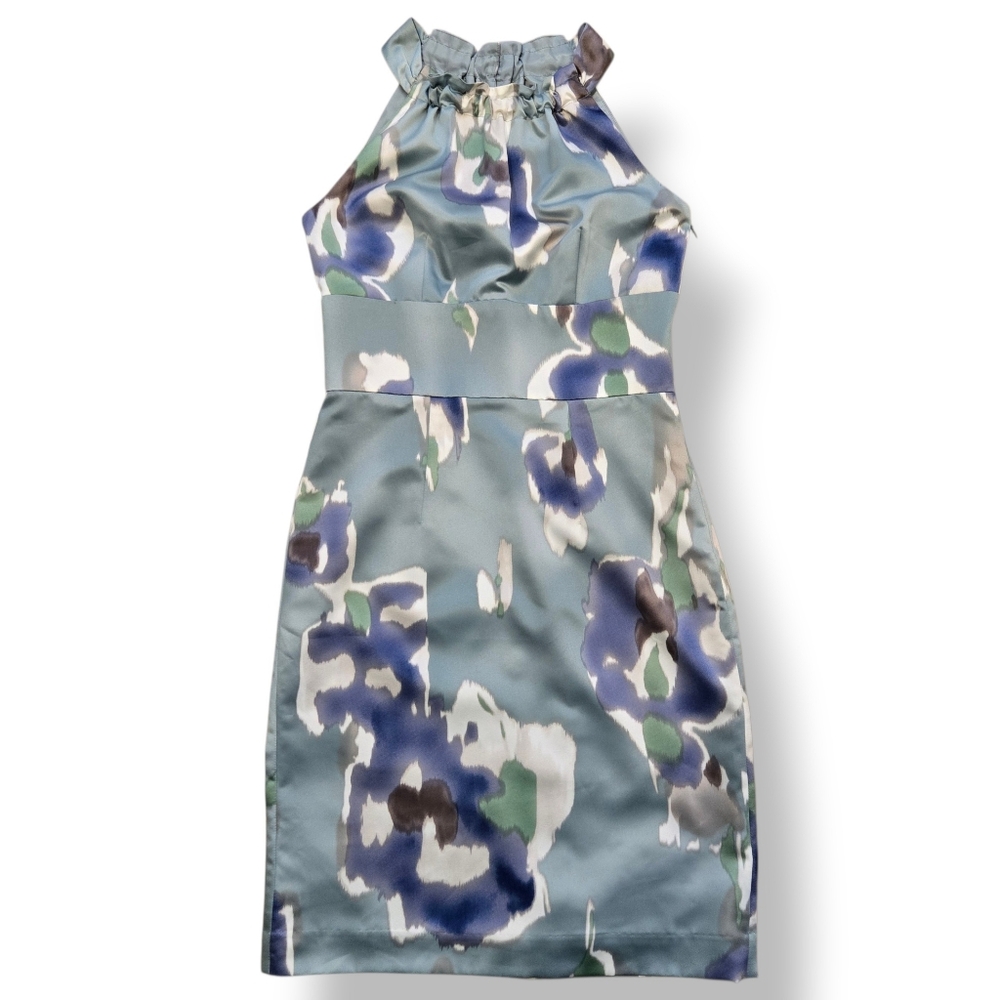 Ann Taylor Floral Sleeveless Shift Dress Blue Green sz 0 Satin Knee Length